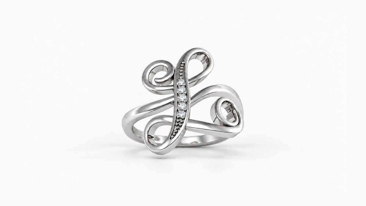 L diamond initial ring in polished white gold, front view