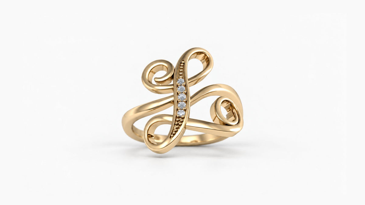L diamond initial ring in polished yellow gold, front view