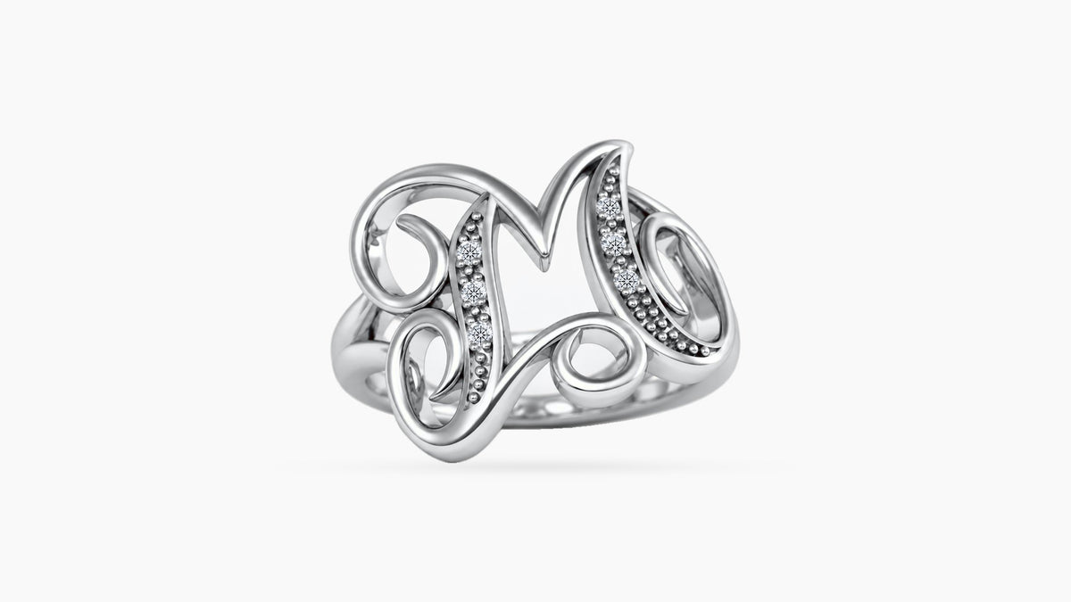 M diamond initial ring in polished white gold, front view