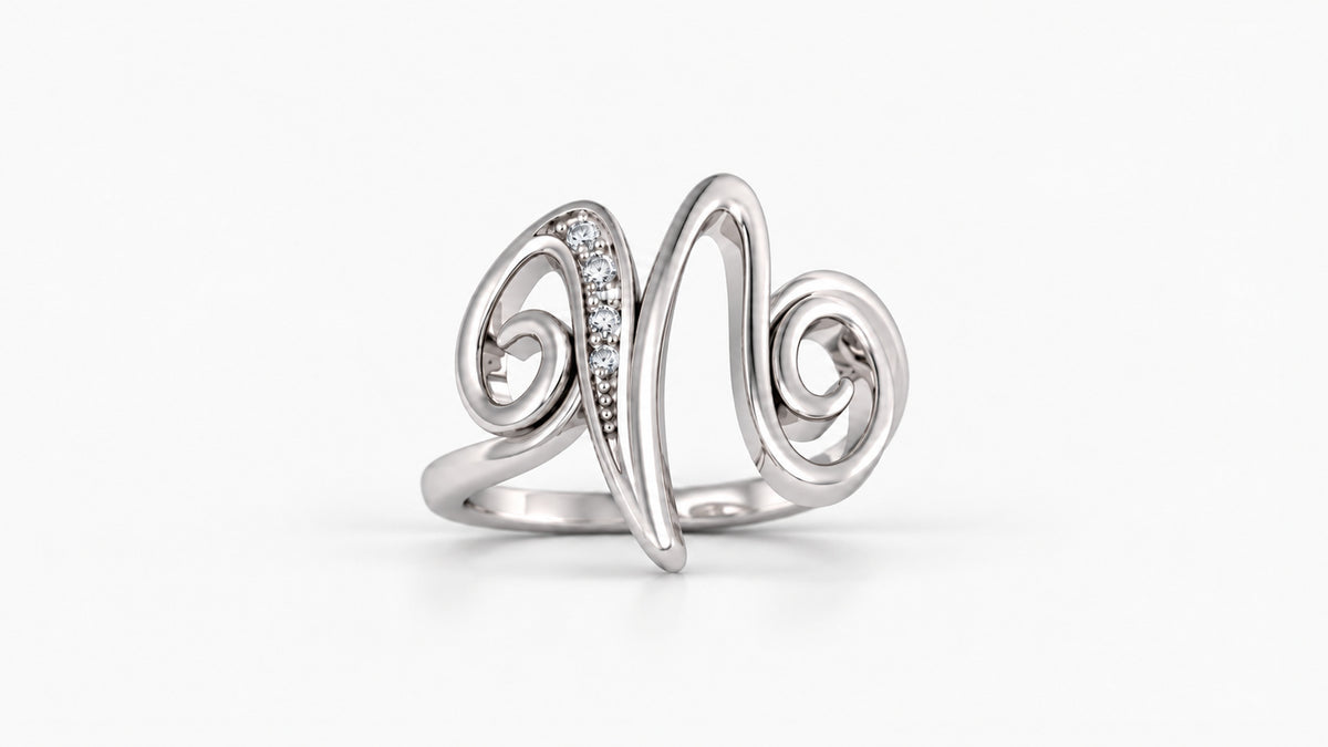 N diamond initial ring in polished white gold, front view