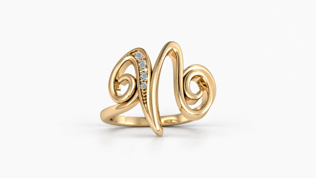 N diamond initial ring in polished yellow gold, front view