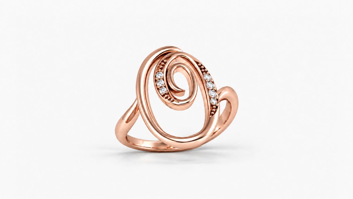 O diamond initial ring in polished rose gold, front view