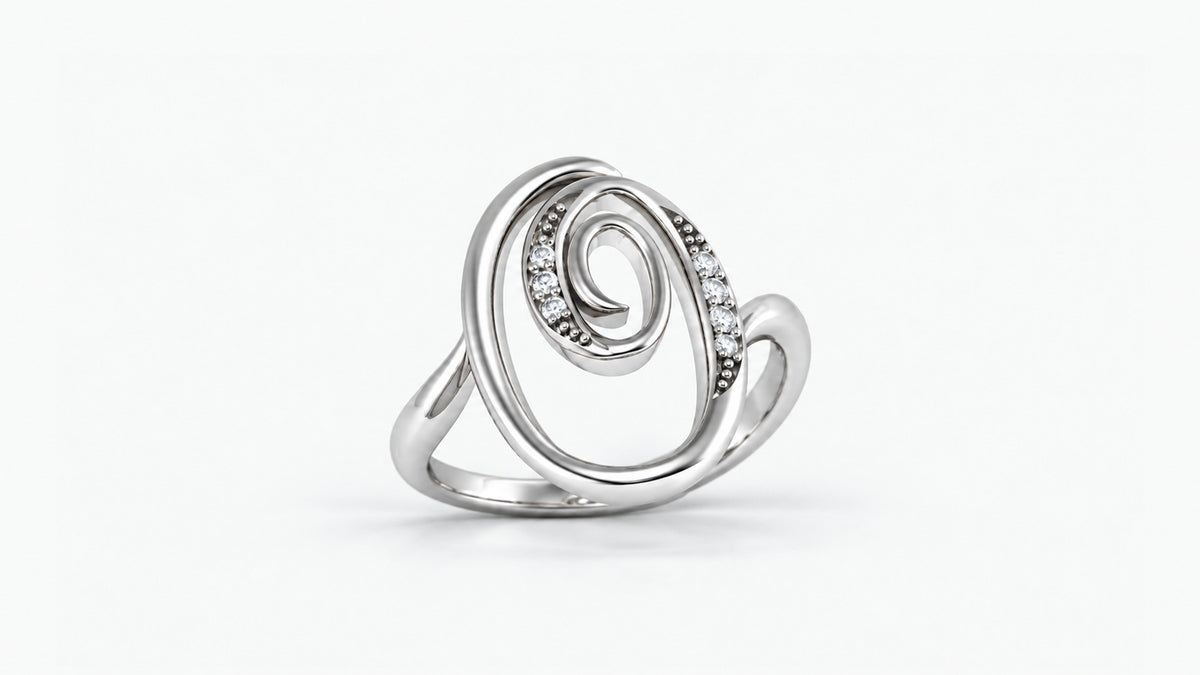 O diamond initial ring in polished white gold, front view