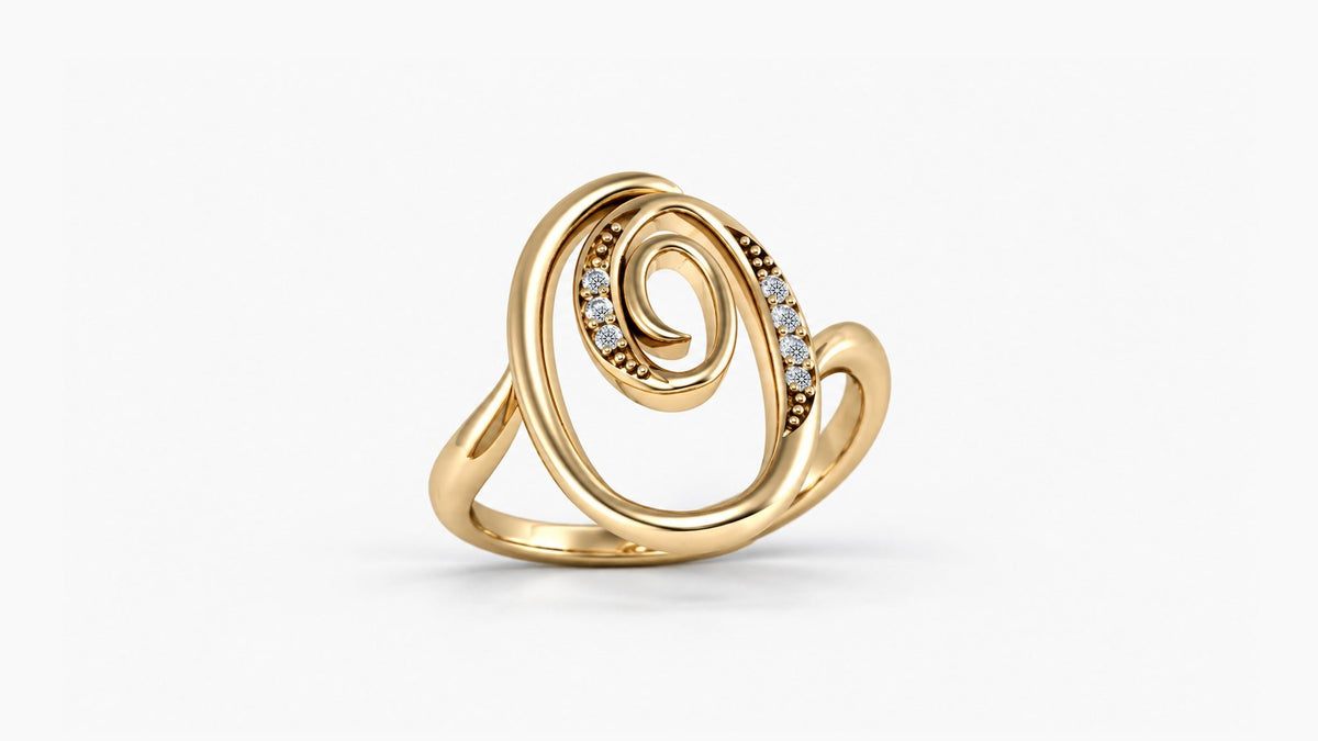 O diamond initial ring in polished yellow gold, front view