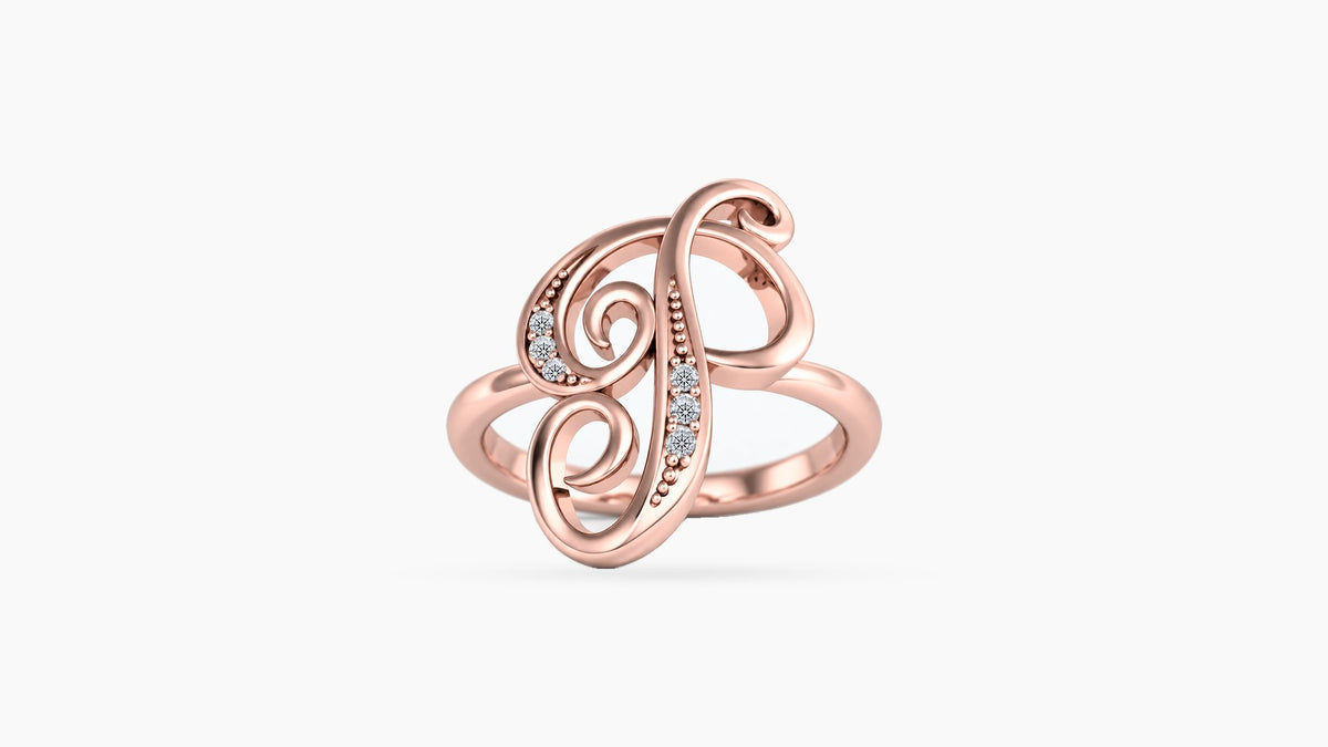 P diamond initial ring in polished rose gold, front view