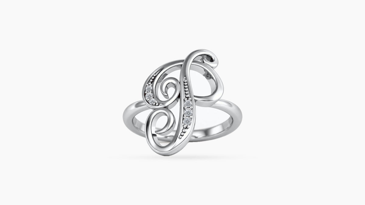 P diamond initial ring in polished white gold, front view