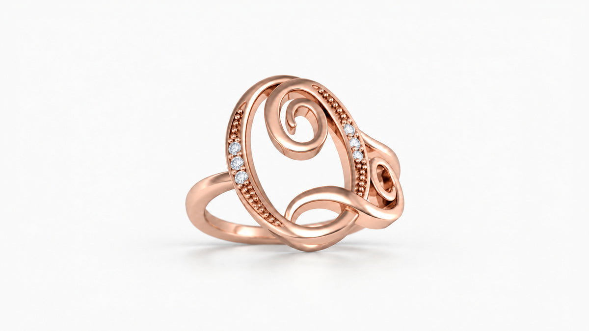 Q diamond initial ring in polished rose gold, front view