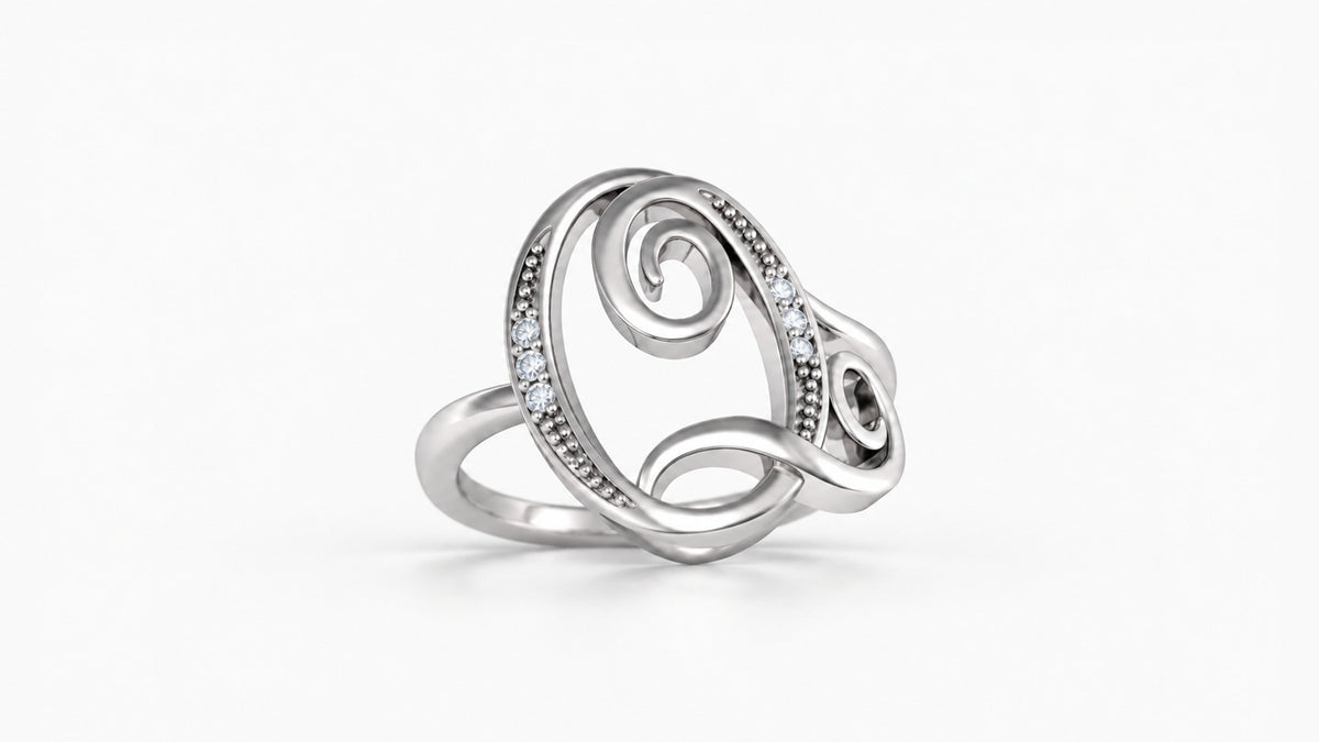 Q diamond initial ring in polished white gold, front view