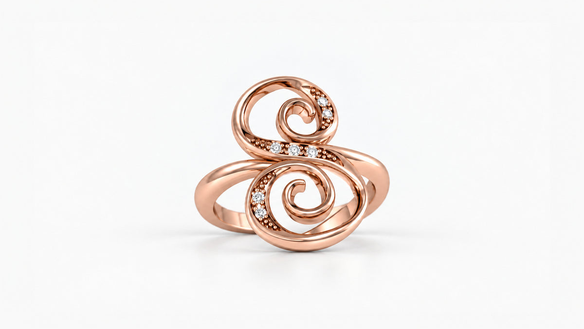 S diamond initial ring in polished rose gold, front view