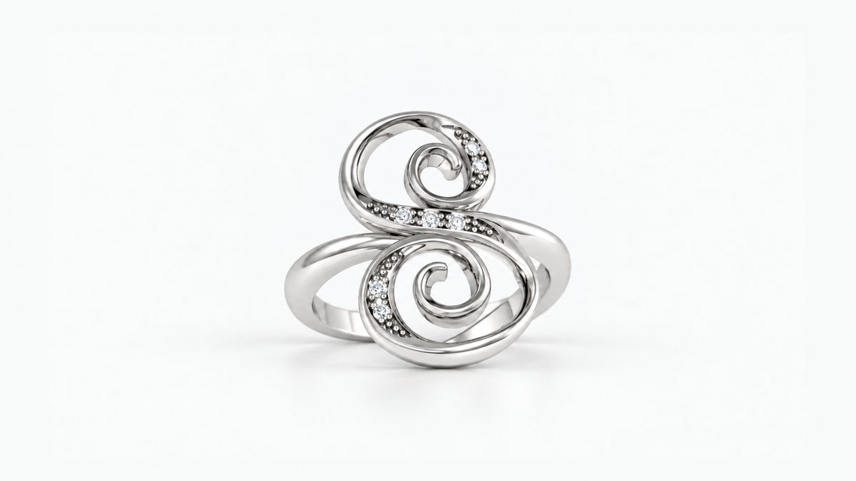 S diamond initial ring in polished white gold, front view