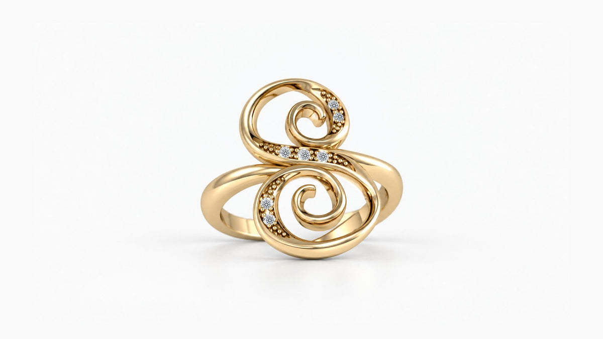 S diamond initial ring in polished yellow gold, front view