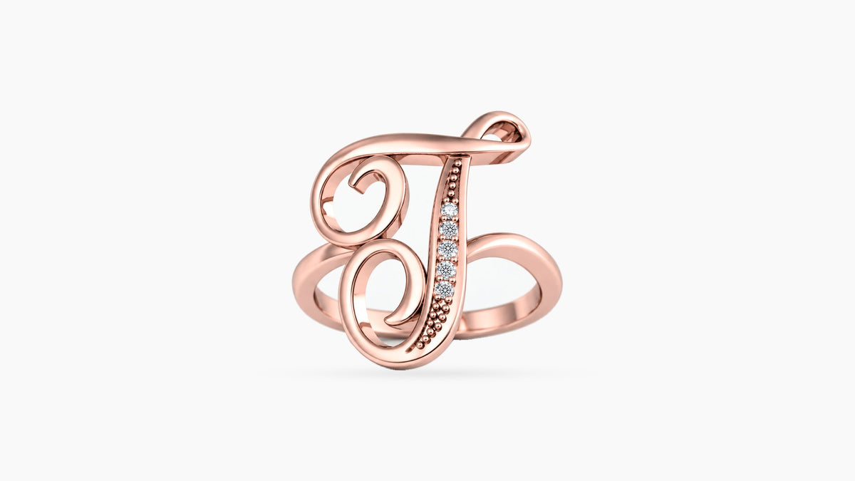 T diamond initial ring in polished rose gold, front view