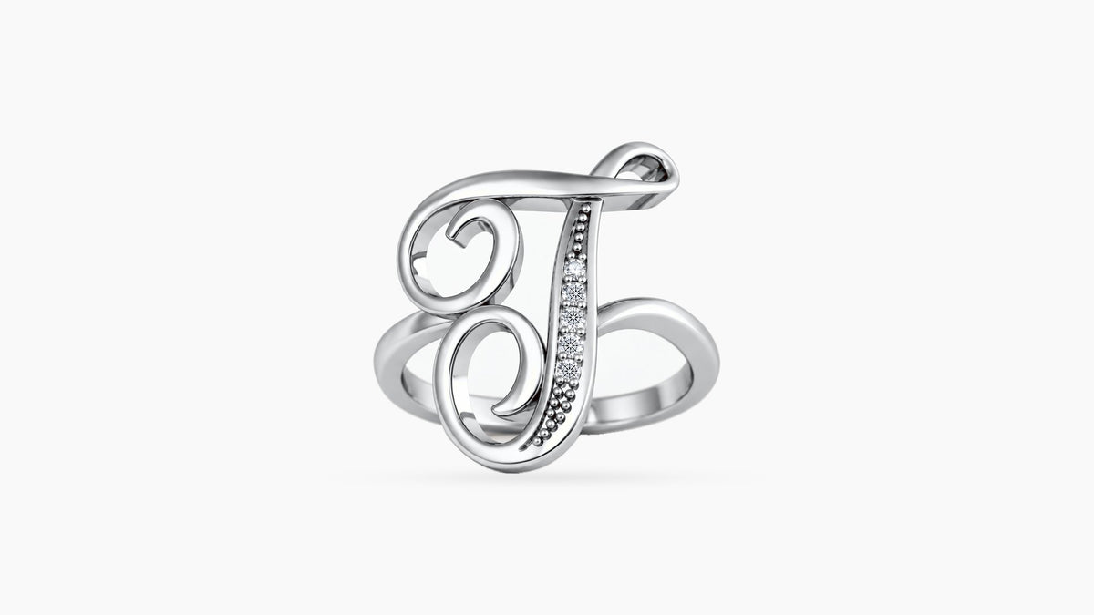 T diamond initial ring in polished white gold, front view
