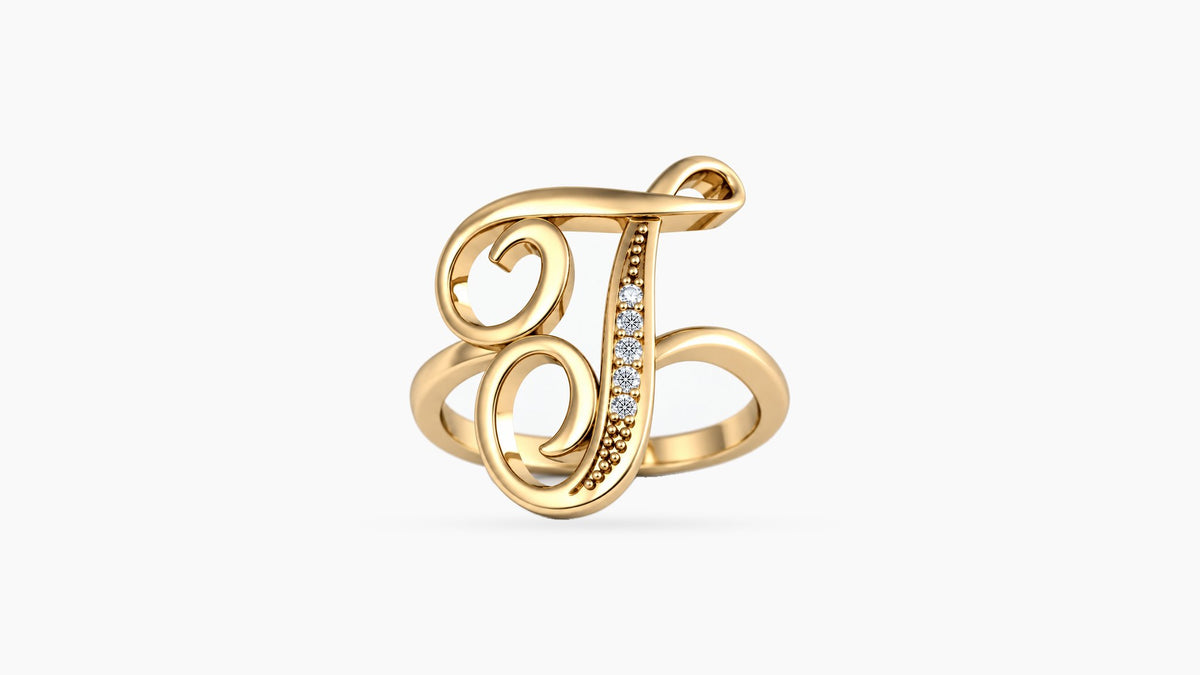 T diamond initial ring in polished yellow gold, front view
