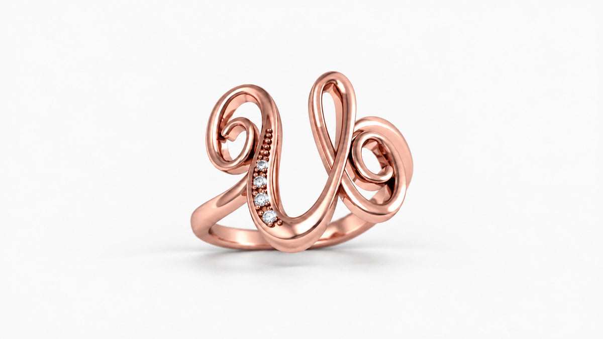 U diamond initial ring in polished rose gold, front view
