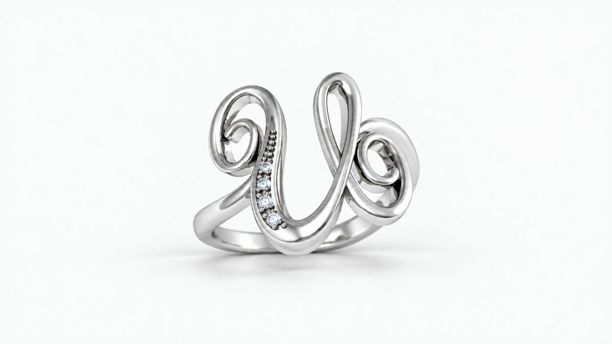 U diamond initial ring in polished white gold, front view