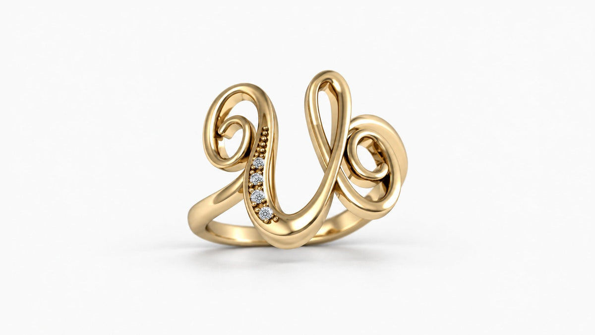 U diamond initial ring in polished yellow gold, front view