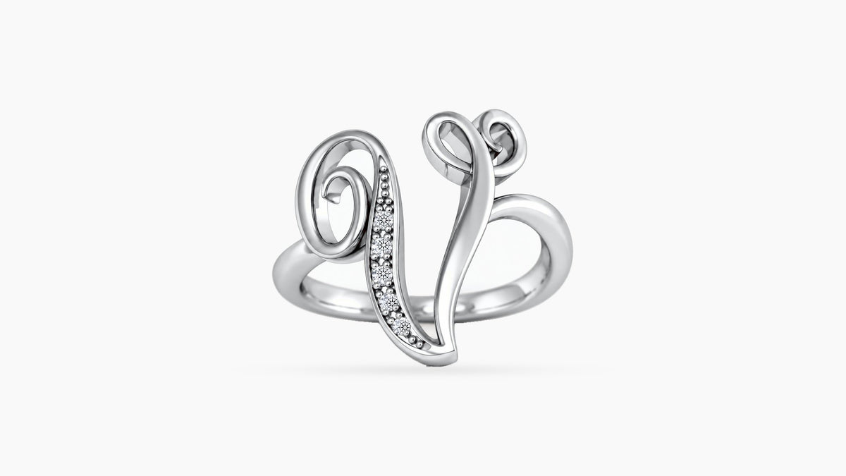 V diamond initial ring in polished white gold, front view