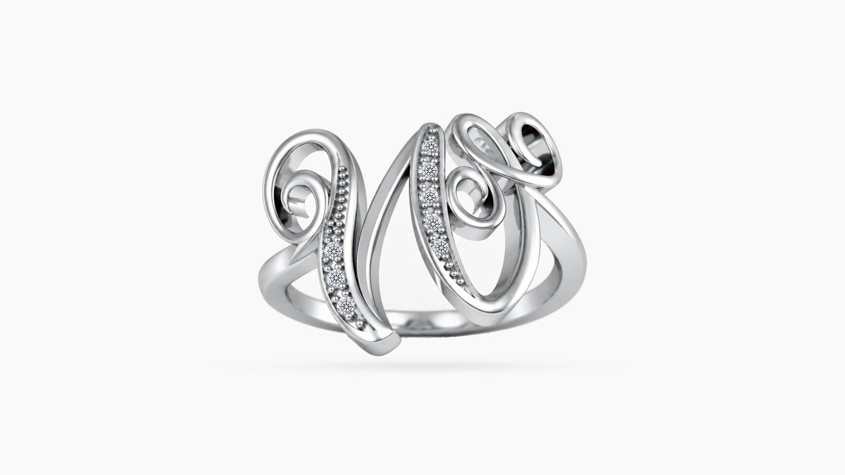 W diamond initial ring in polished white gold, front view