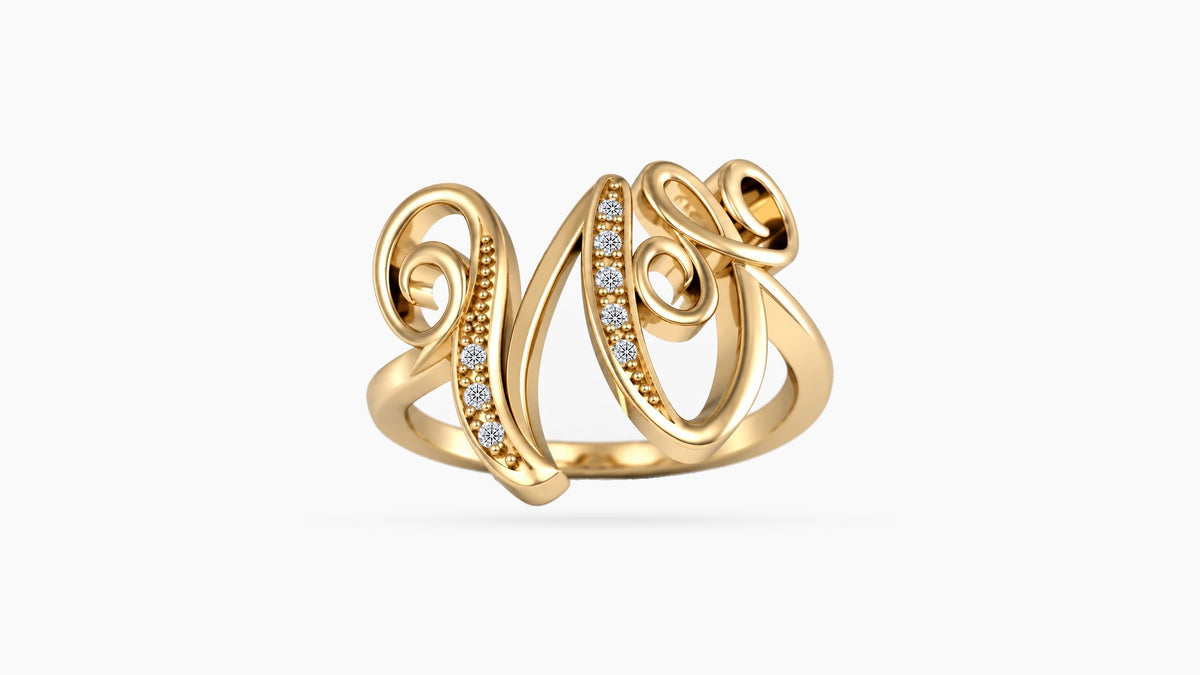 W diamond initial ring in polished yellow gold, front view