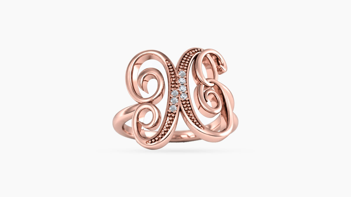 X diamond initial ring in polished rose gold, front view