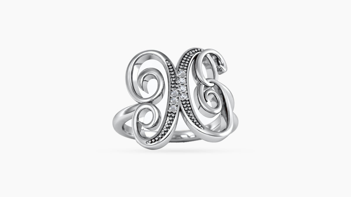 X diamond initial ring in polished white gold, front view
