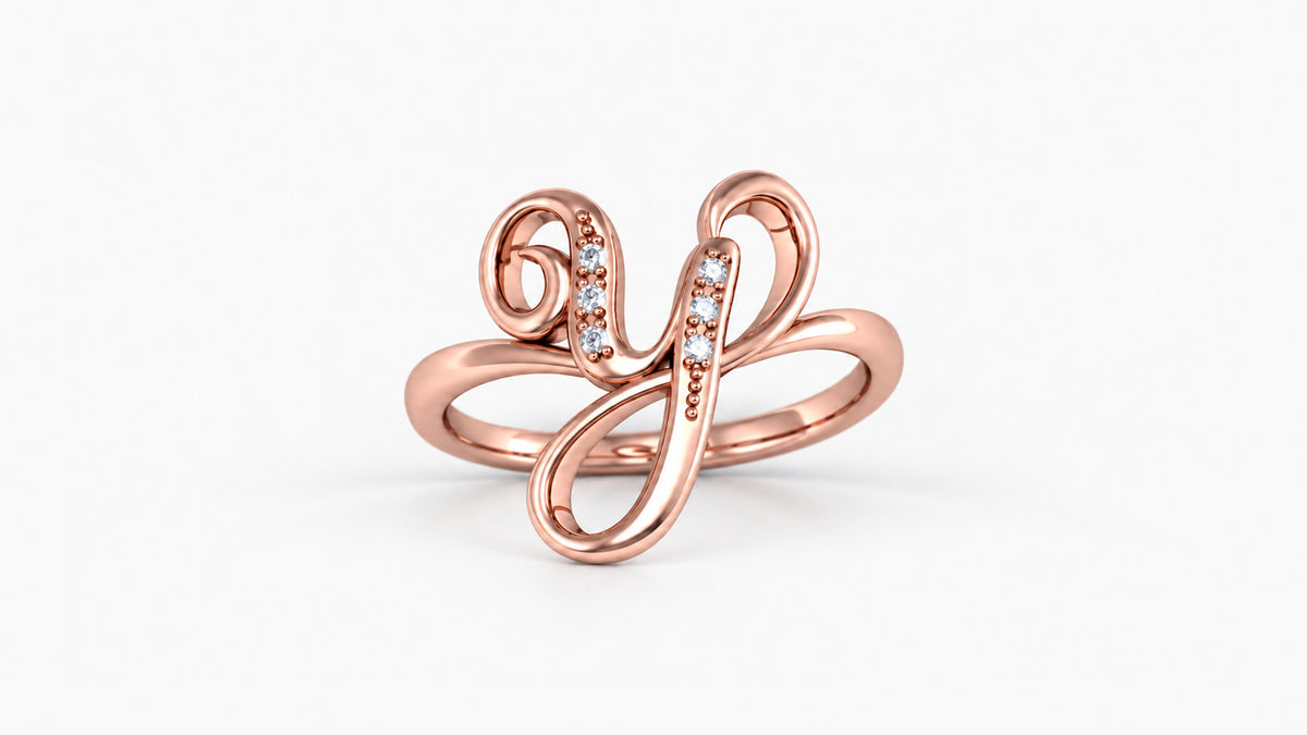 Y diamond initial ring in polished rose gold, front view