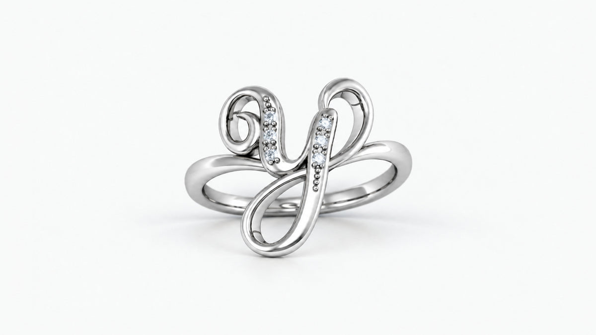 Y diamond initial ring in polished white gold, front view