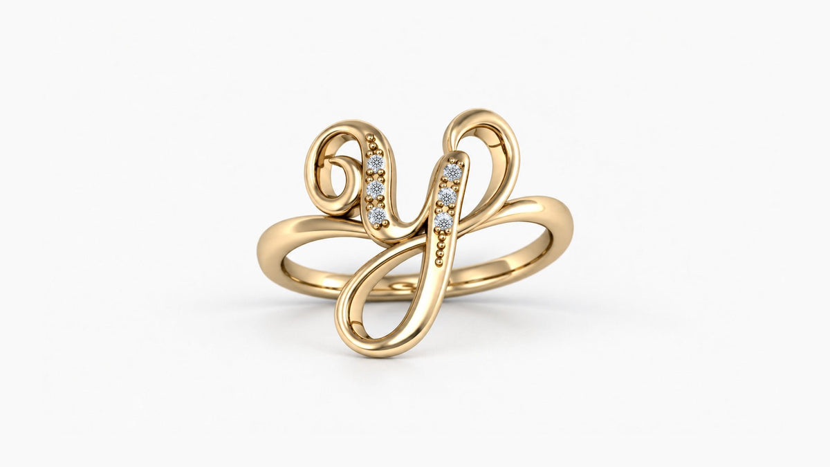 Y diamond initial ring in polished yellow gold, front view