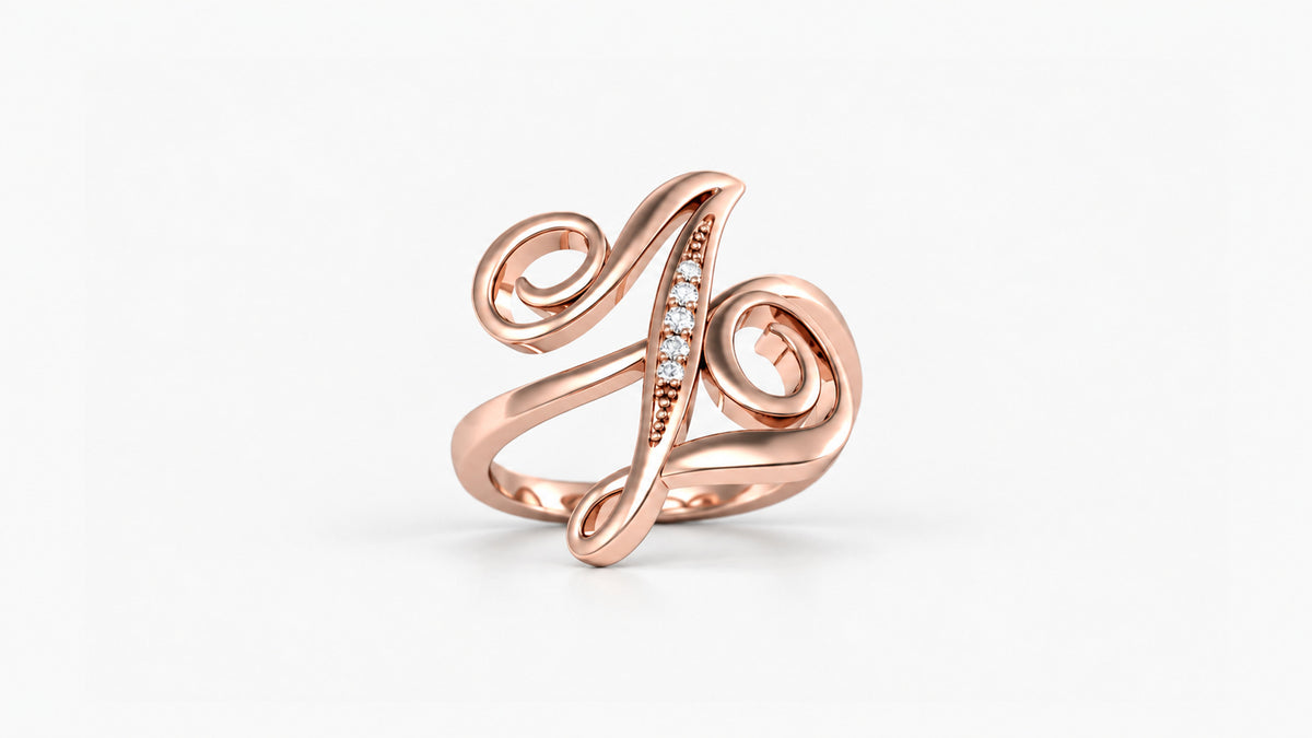 Z diamond initial ring in polished rose gold, front view