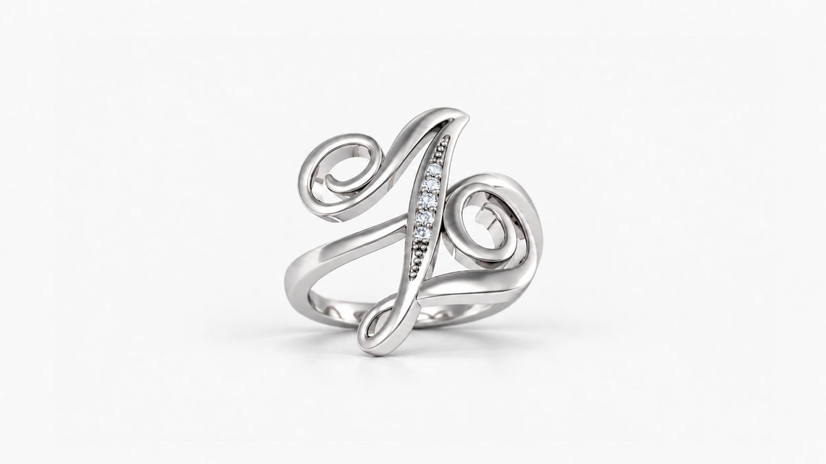 Z diamond initial ring in polished white gold, front view