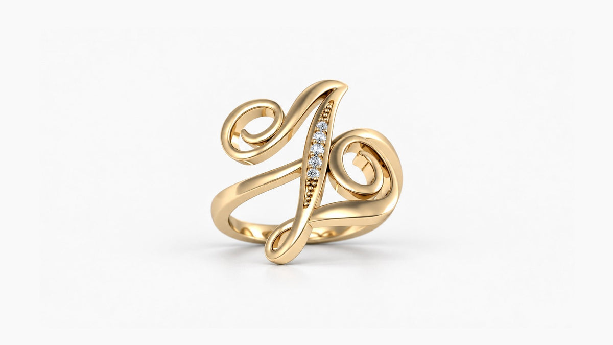 Z diamond initial ring in polished yellow gold, front view