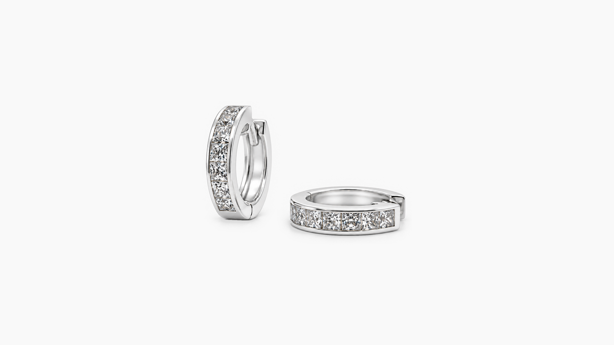 12mm Princess Cut Diamond Huggie Earrings in white gold