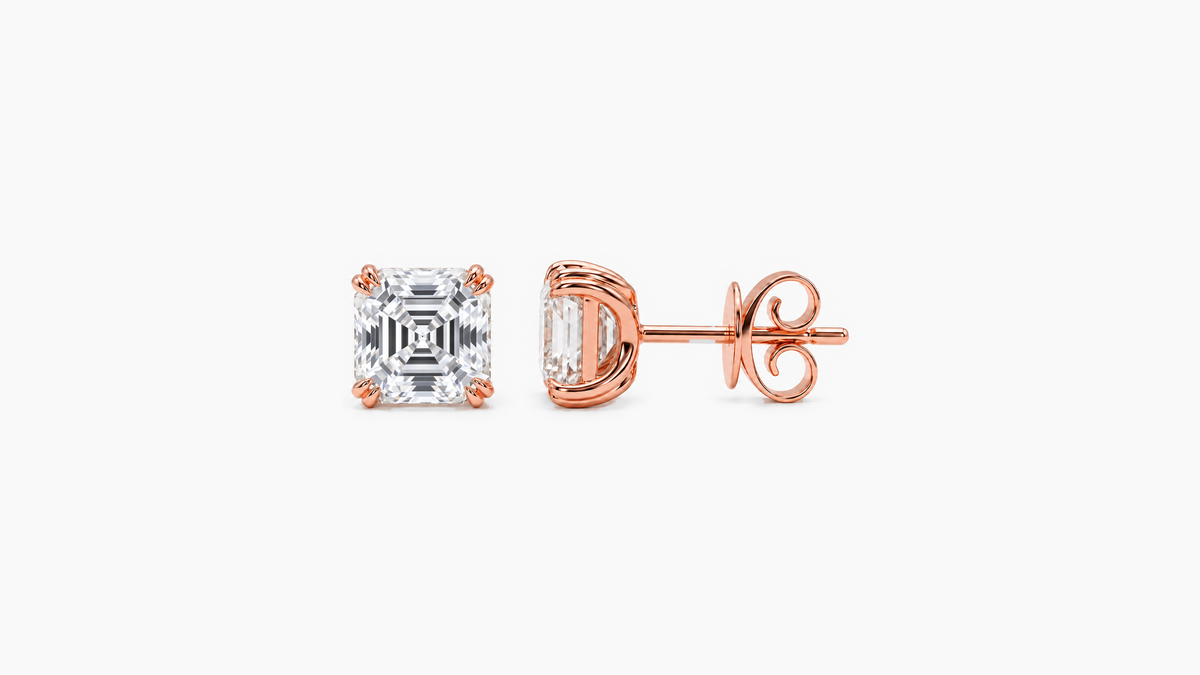 6.5mm Asscher Lab Diamond Butterfly-Back Studs in rose gold — front and side views