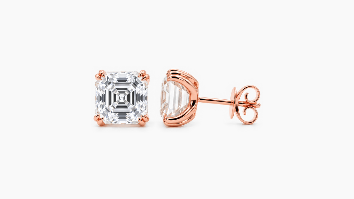 8.5mm Asscher Lab Diamond Butterfly-Back Studs in rose gold — front and side views