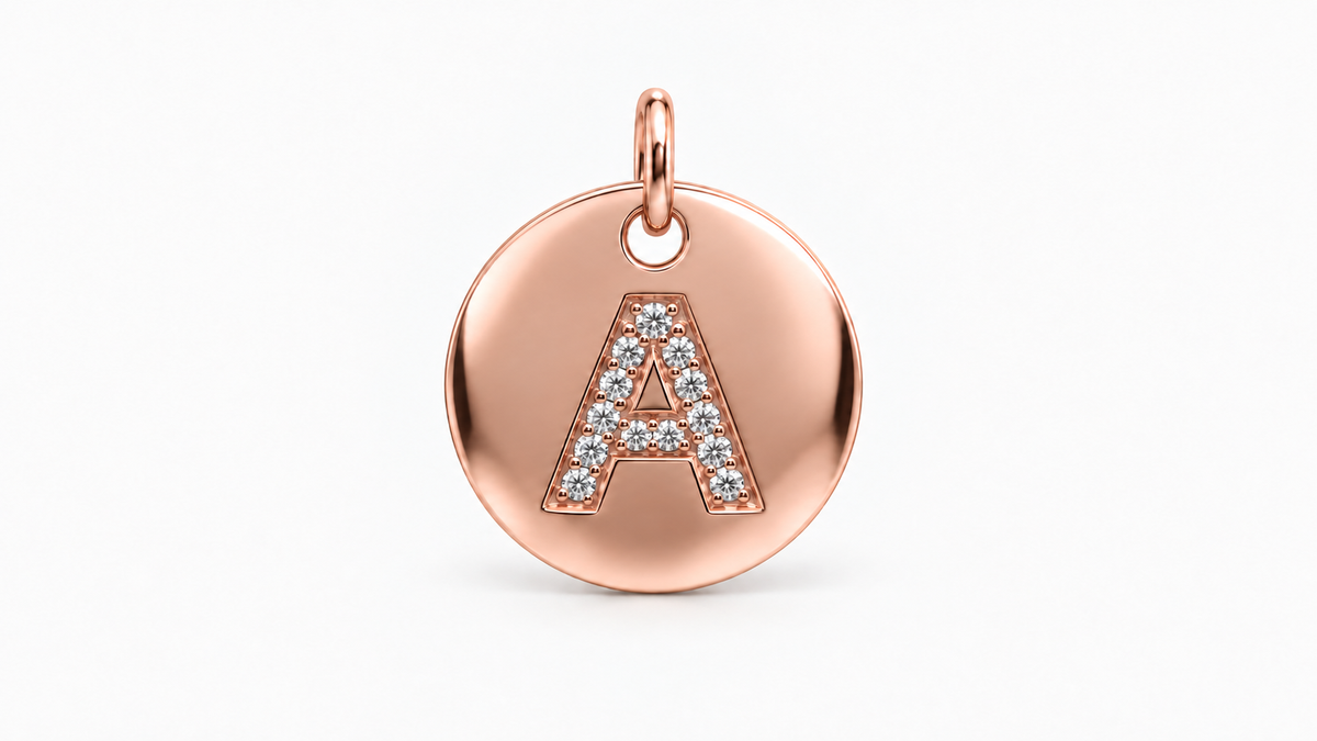 Diamond Initial Disc Pendant — A — Rose Gold