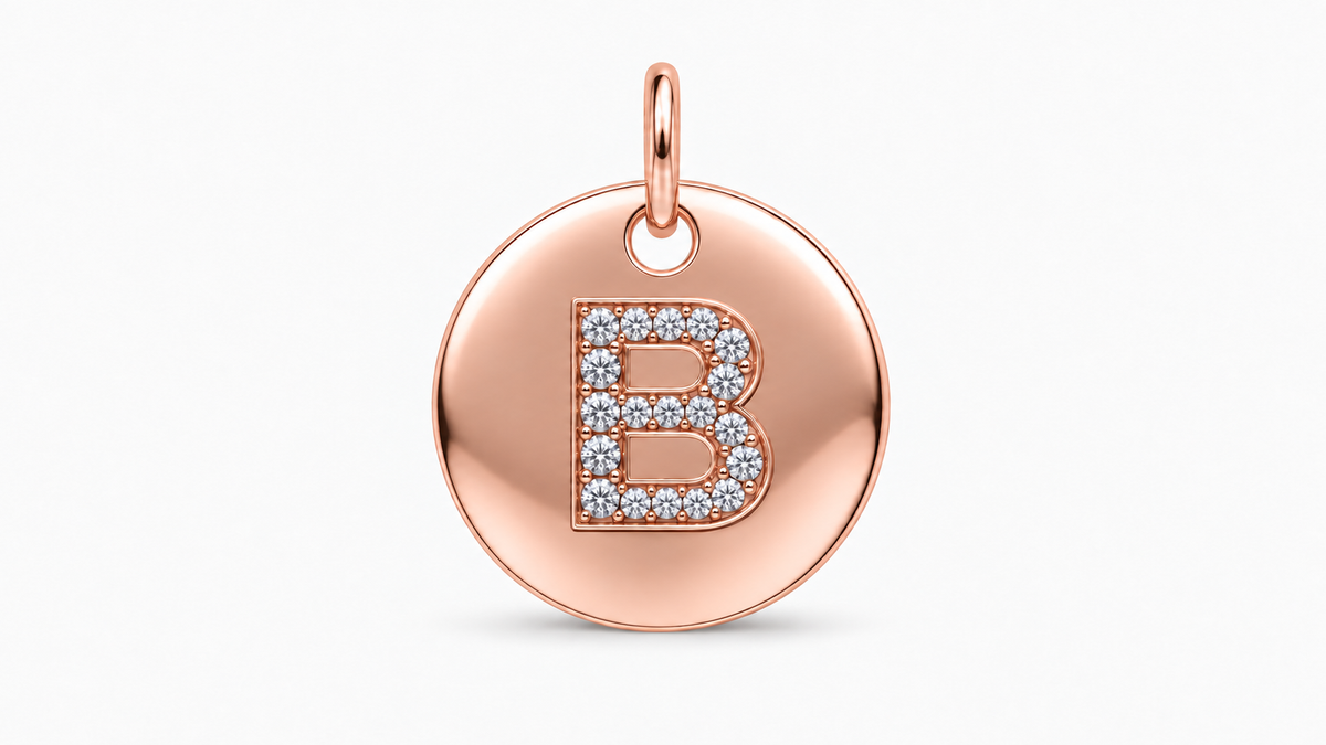 Diamond Initial Disc Pendant — B — Rose Gold