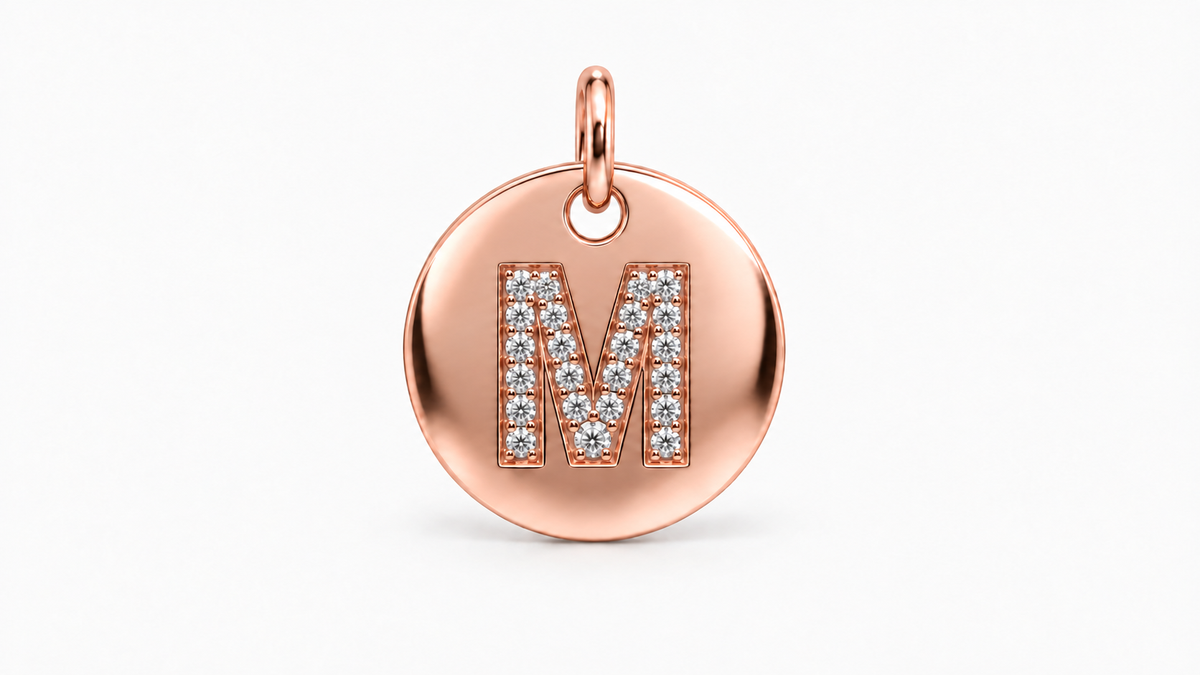 Diamond Initial Disc Pendant — M — Rose Gold