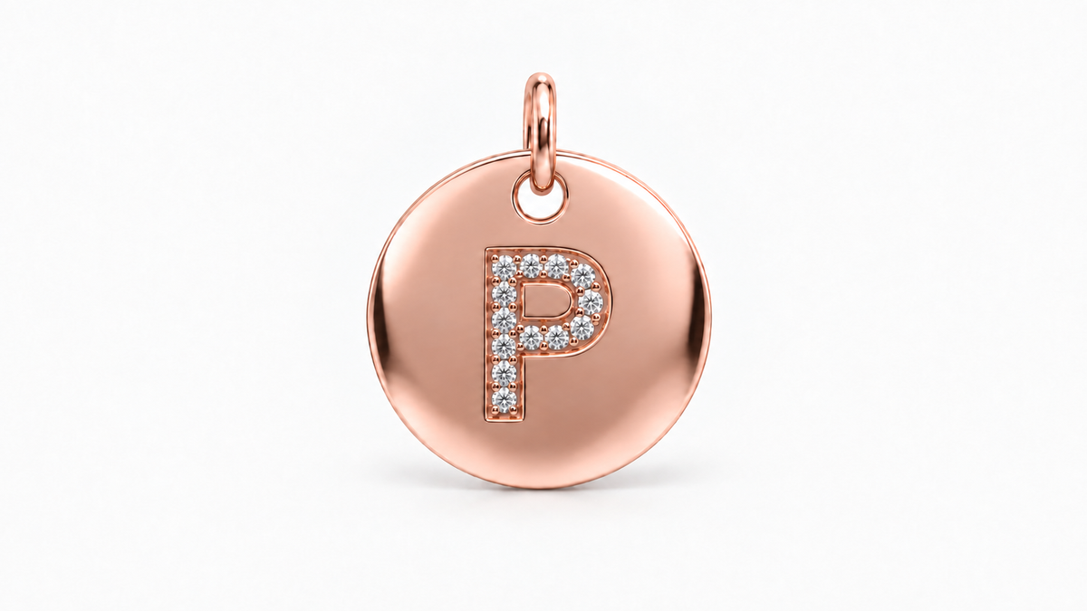 Diamond Initial Disc Pendant — P — Rose Gold