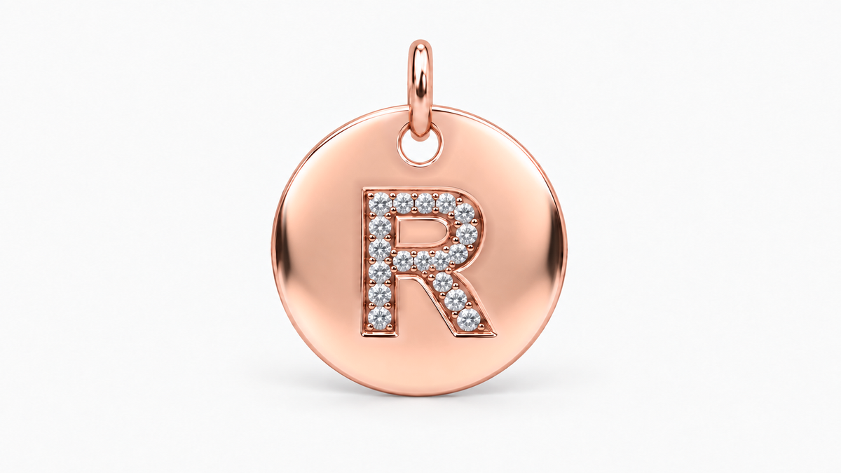 Diamond Initial Disc Pendant — R — Rose Gold