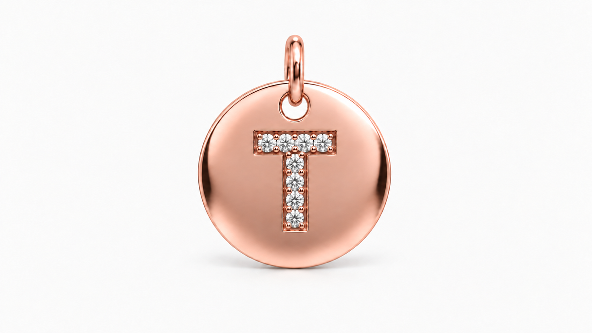 Diamond Initial Disc Pendant — T — Rose Gold
