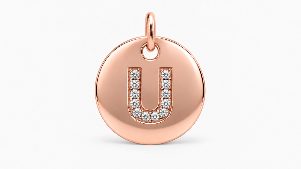 Diamond Initial Disc Pendant — U — Rose Gold