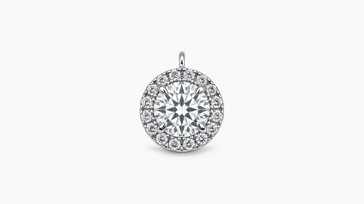 6.6mm lab diamond halo pendant in white gold — front view