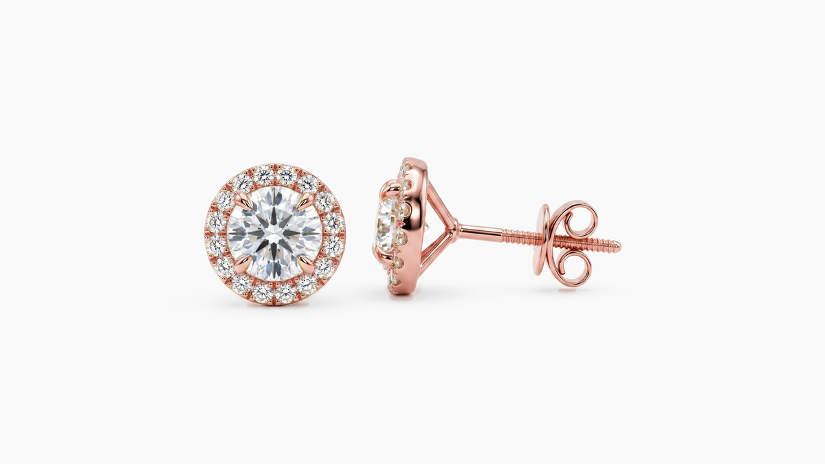 6.5mm Screw Back Lab Diamond Halo Studs in rose gold — front and side views