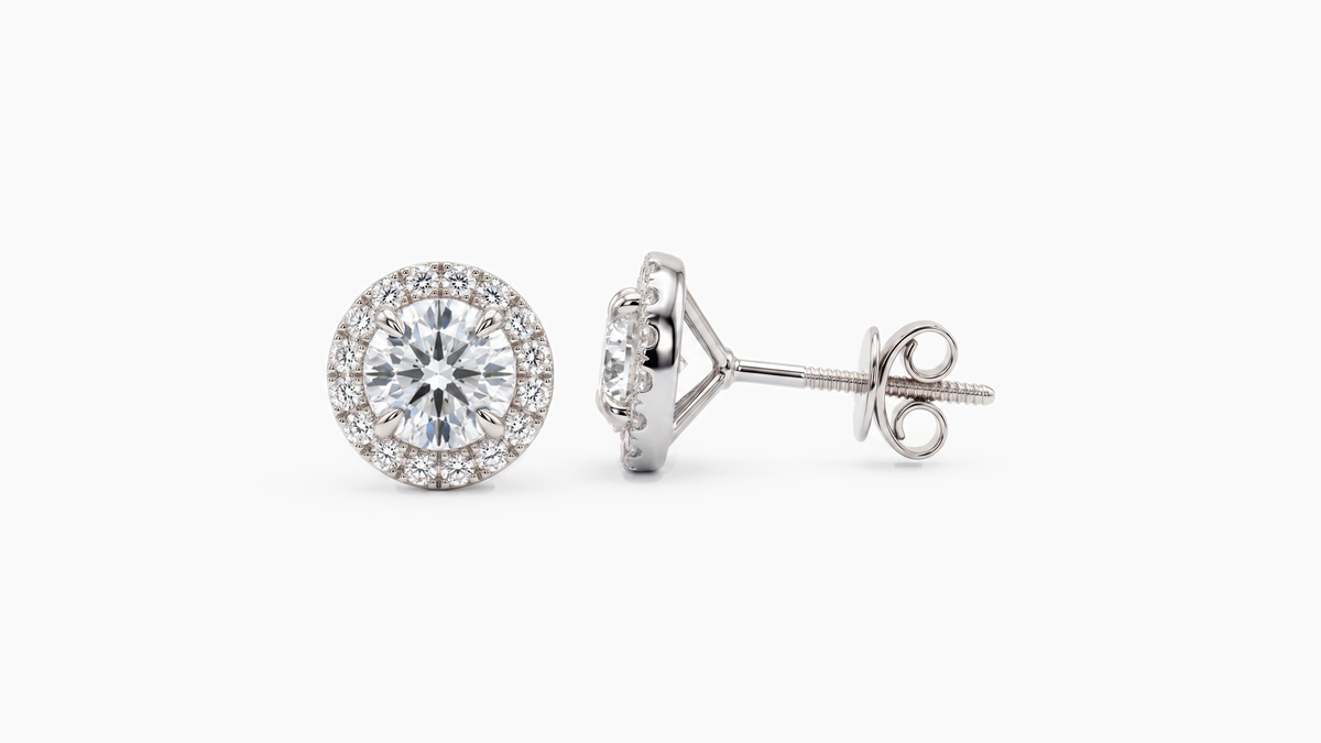 6.5mm Screw Back Lab Diamond Halo Studs in white gold — front and side views