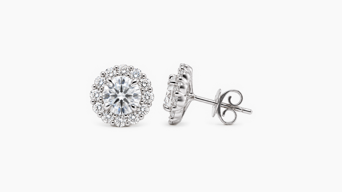 6.5mm Round Cut Lab Diamond Halo Standard Butterfly Studs in white gold — front and side views with standard butterfly back