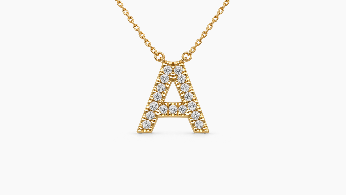 Large Diamond Initial with Chain — A — Yellow Gold