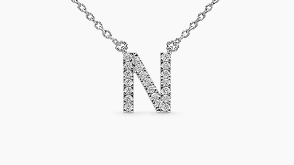 Large Diamond Initial with Chain — N — White Gold