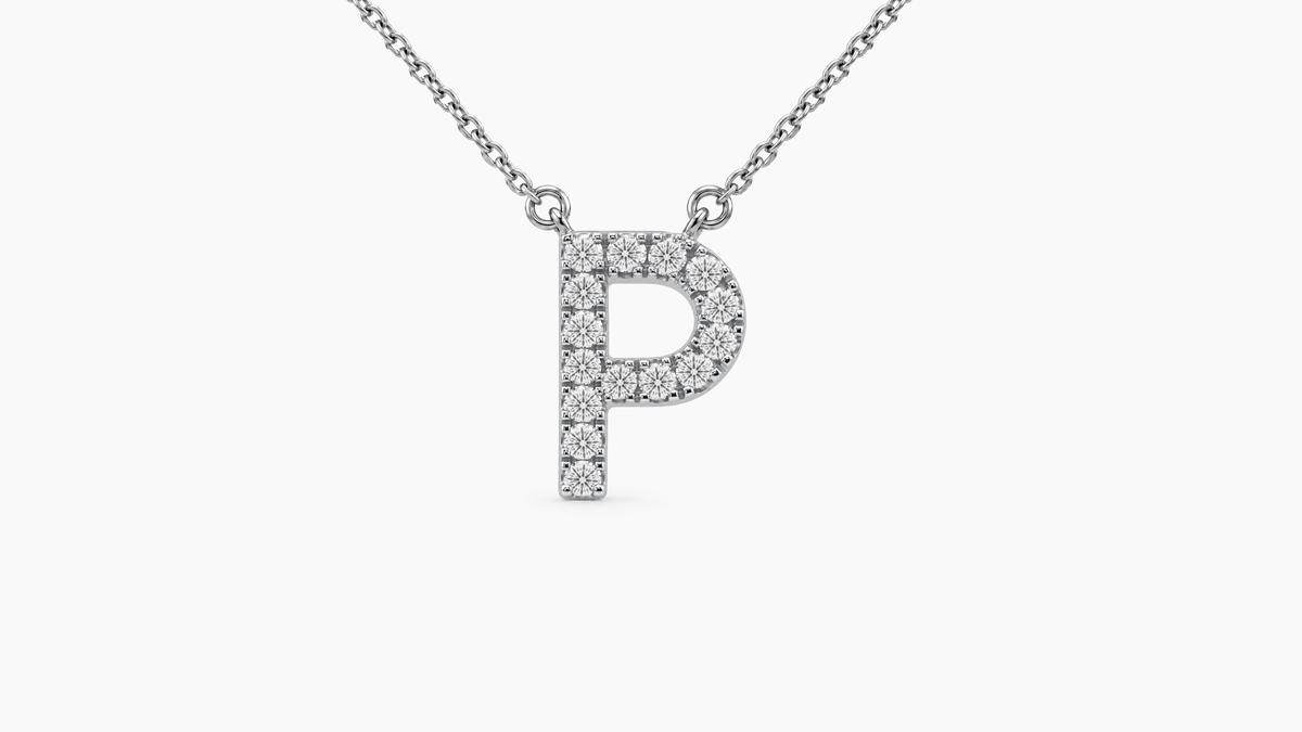 Large Diamond Initial with Chain — P — White Gold