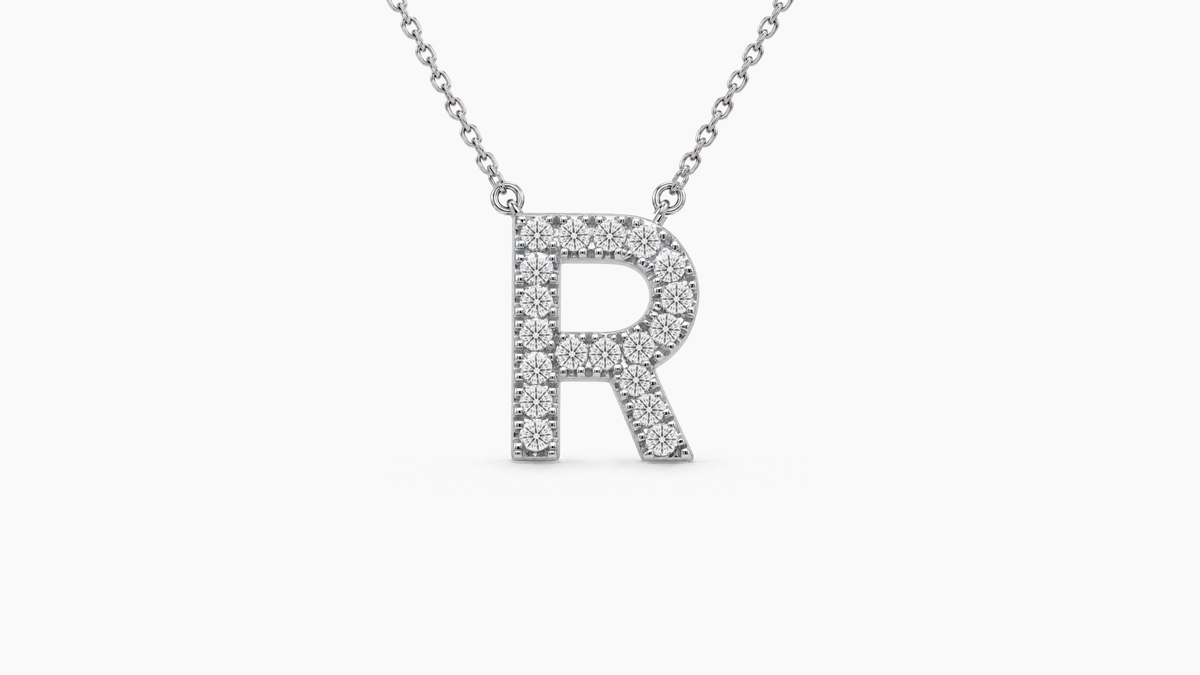 Large Diamond Initial with Chain — R — White Gold